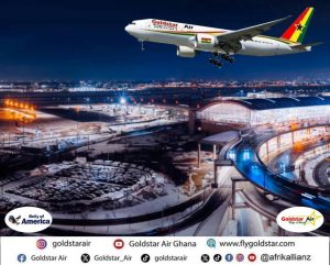 Goldstar Air and Toronto Pearson International Airport have solidified a partnership to drive publicity and activations, paving the way for Sankofa Square's global marketing push. Once the airline receives its safety certificate and launches flights to YYZ, it will add to the above area view picture of the airport at night more colorful and safer with Goldstar Air and Afrik Allianz tails. The journeys will transform from mere trips into unforgettable voyages to Sankofa Square.